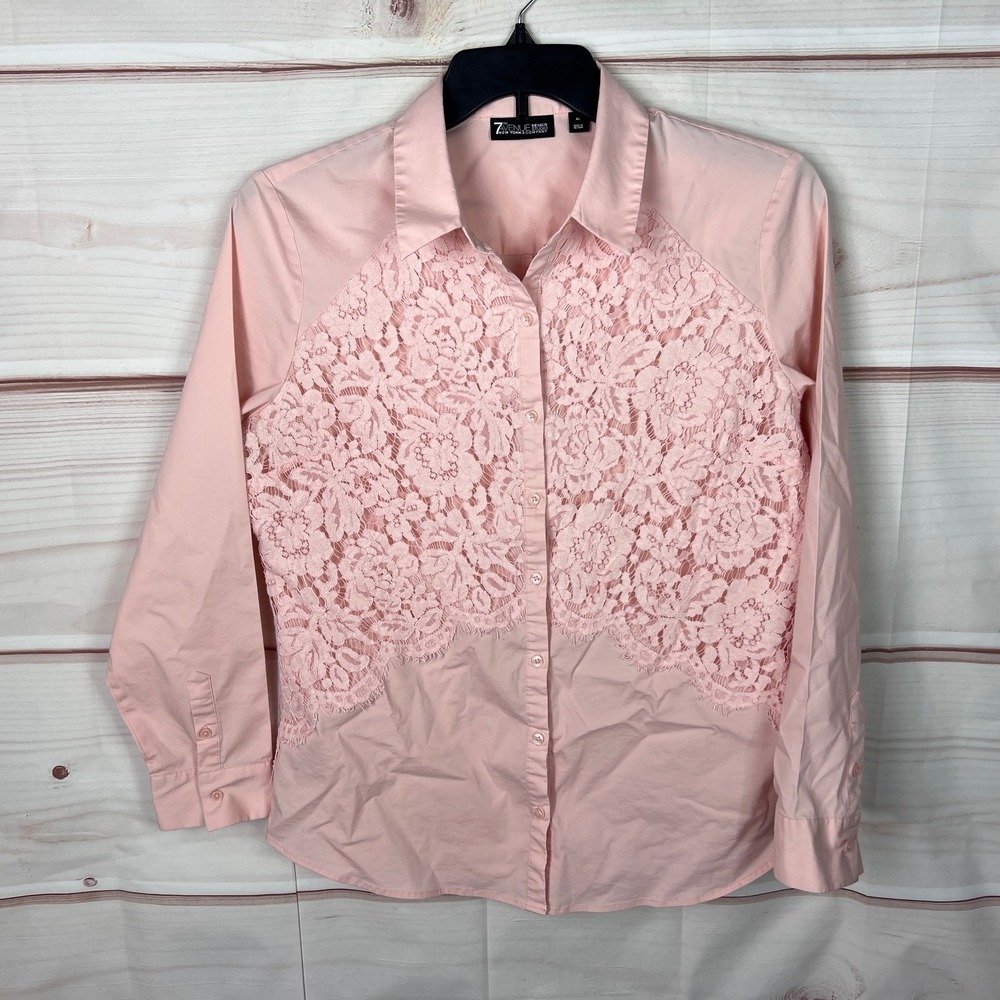 7th Ave Design Studio Top Women XL Pink Button Up Shirt Lace Front Stretch Woven